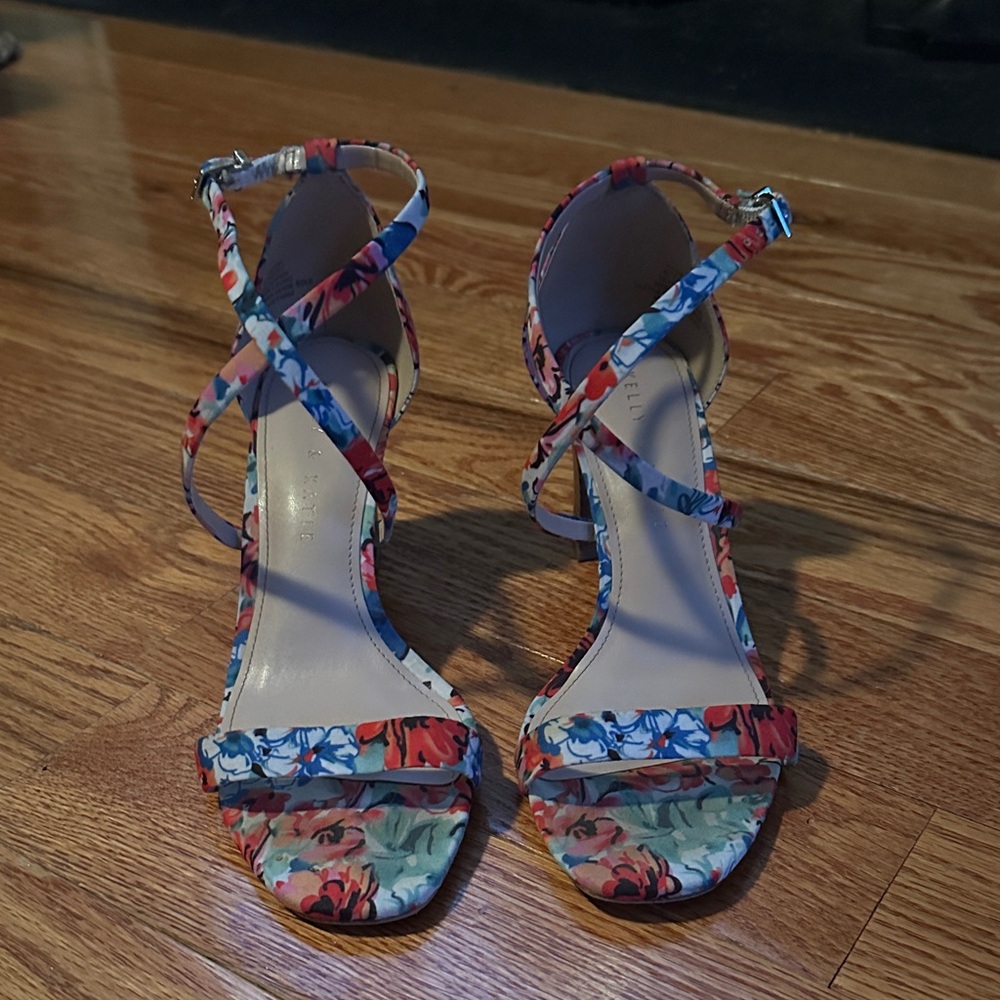 Kelly & Katie Floral Crisscross Ankle Strap Heels - Multicolor